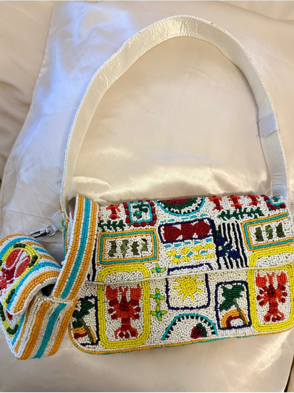 Beaded Multicolor Mosaic Shoulder Bag - White Strap